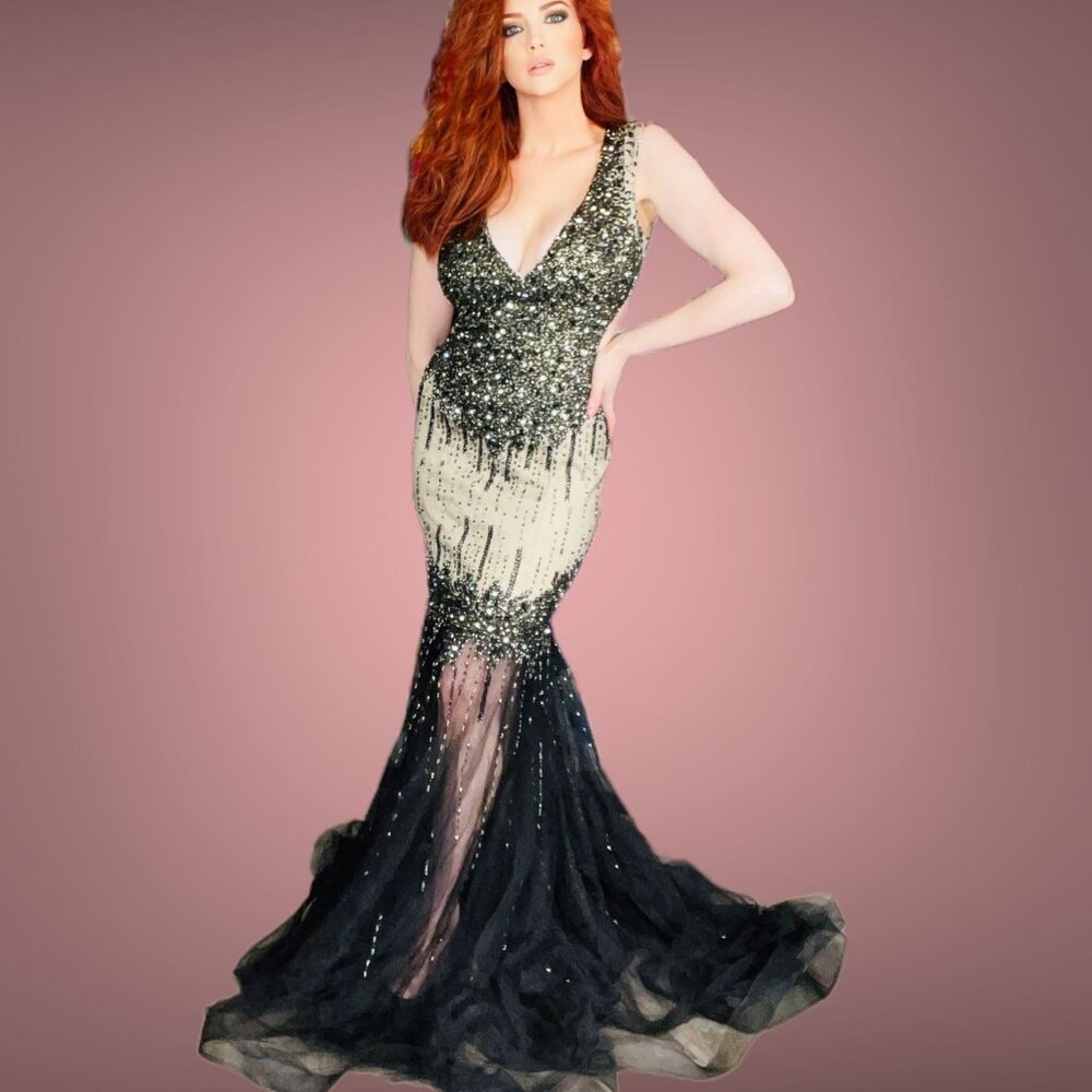 Glow by Colors Dress Beaded Sheer Tulle Cutout Mermaid Evening Prom Gown 2